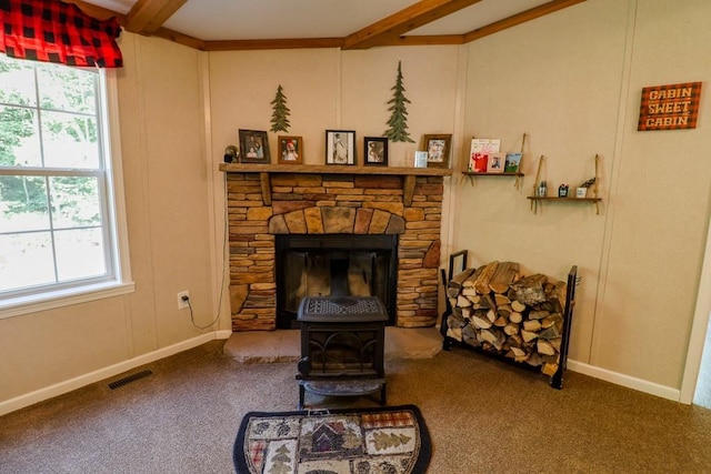 101 W Peenpack Trl, Sparrowbush, NY 12780 - detailed view of beamed ceiling, a wood stove, and carpet