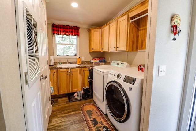 101 W Peenpack Trl, Sparrowbush, NY 12780 - laundry room featuring cabinet space, washer and dryer, dark wood-style floors, ornamental molding, and recessed lighting