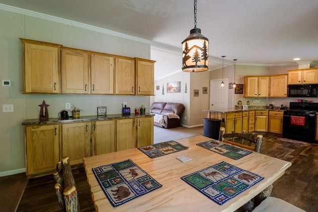 101 W Peenpack Trl, Sparrowbush, NY 12780 - kitchen with black appliances, dark wood-style floors, ornamental molding, decorative light fixtures, and dark stone countertops
