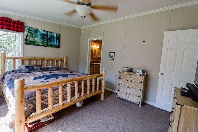 101 W Peenpack Trl, Sparrowbush, NY 12780 - bedroom with carpet floors, ornamental molding, ceiling fan, and connected bathroom