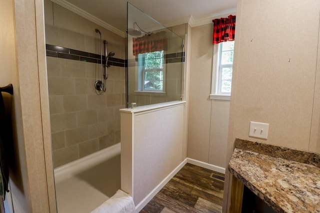 101 W Peenpack Trl, Sparrowbush, NY 12780 - bathroom with crown molding, wood finished floors, walk in shower, and vanity