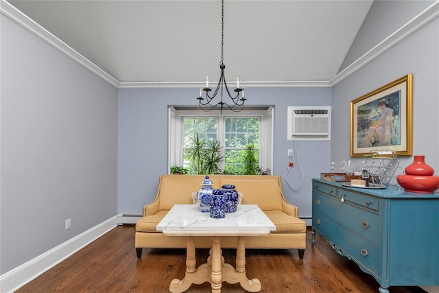 550 Nassau Blvd, West Hempstead, NY 11552 - living area featuring a baseboard radiator, dark wood-type flooring, a chandelier, ornamental molding, and lofted ceiling