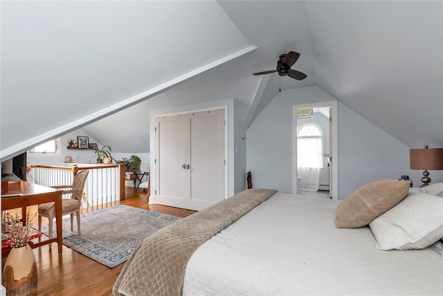550 Nassau Blvd, West Hempstead, NY 11552 - bedroom with lofted ceiling, wood finished floors, ceiling fan, and ensuite bathroom