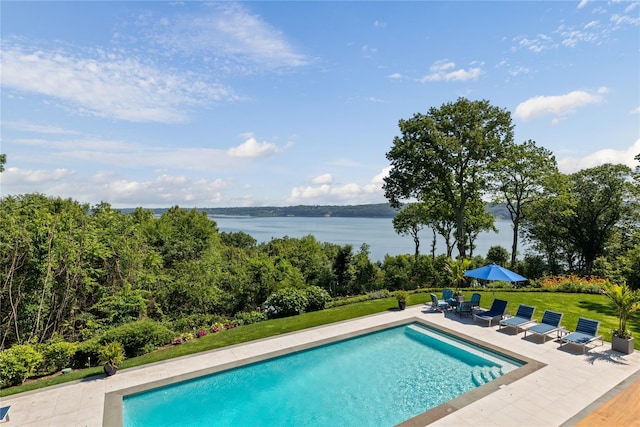 12 N Rd, Laurel Hollow, NY 11771 - outdoor pool with a patio, a lawn, and a water view