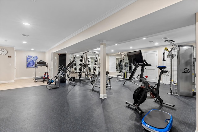12 N Rd, Laurel Hollow, NY 11771 - workout area with ornamental molding and recessed lighting