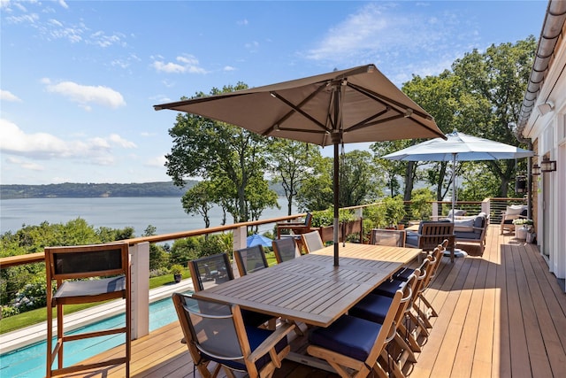 12 N Rd, Laurel Hollow, NY 11771 - deck with a water view, an outdoor pool, and outdoor dining space