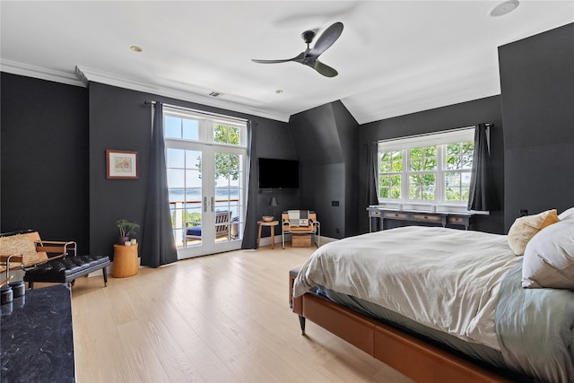 12 N Rd, Laurel Hollow, NY 11771 - bedroom with ornamental molding, access to outside, wood finished floors, a ceiling fan, and lofted ceiling