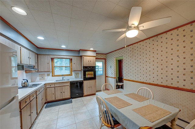 145 Fifty Acre Rd S, Smithtown, NY 11787 - kitchen with black appliances, wallpapered walls, ornamental molding, light countertops, and under cabinet range hood