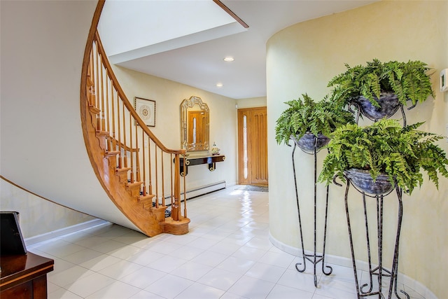 7015 170th St, Fresh Meadows, NY 11365 - foyer entrance featuring a baseboard radiator, stairs, and recessed lighting
