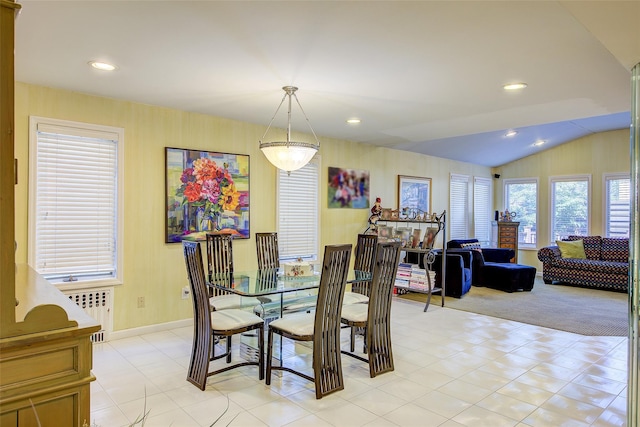 7015 170th St, Fresh Meadows, NY 11365 - dining space featuring radiator, lofted ceiling, and recessed lighting