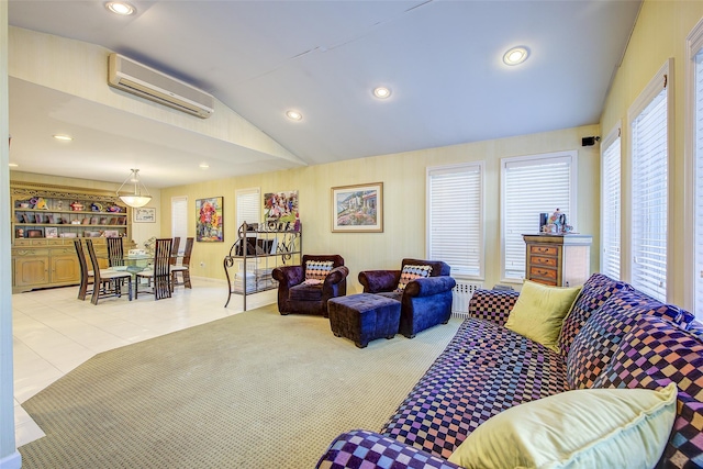 7015 170th St, Fresh Meadows, NY 11365 - living room with a wall mounted AC, lofted ceiling, and recessed lighting