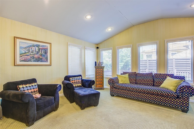 7015 170th St, Fresh Meadows, NY 11365 - living room with lofted ceiling, carpet flooring, and recessed lighting
