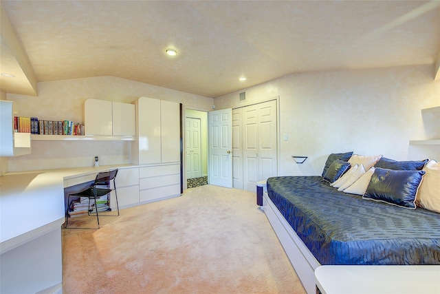 7015 170th St, Fresh Meadows, NY 11365 - bedroom featuring built in desk, lofted ceiling, light carpet, recessed lighting, and a closet