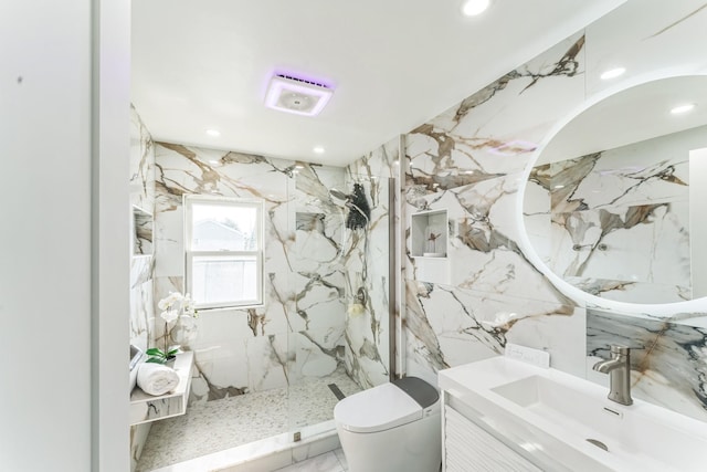 90 Redmond Ave, Bay Shore, NY 11706 - full bathroom with vanity, a marble finish shower, marble finish flooring, and recessed lighting