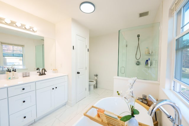 37 William St, Bohemia, NY 11716 - bathroom with a stall shower, vanity, a bath, and healthy amount of natural light