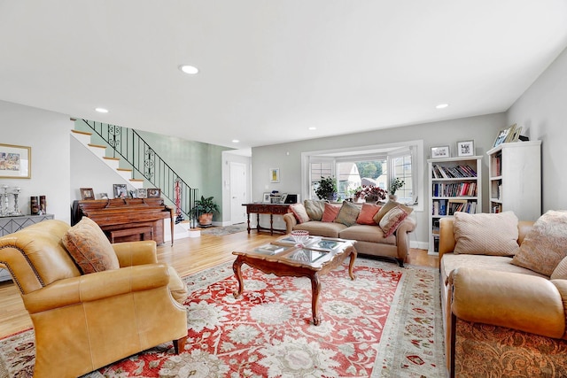 97 Burnham Ave, Roslyn Heights, NY 11577 - living room featuring stairway, wood finished floors, and recessed lighting