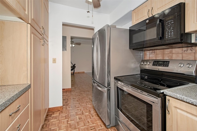 115 Dehaven Dr Unit 214, Yonkers, NY 10703 - kitchen featuring electric stove, black microwave, ceiling fan, and light brown cabinets