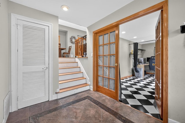 3324 Sycamore Ln, Yorktown Heights, NY 10598 - hall featuring stairs, inlaid floor details, and recessed lighting