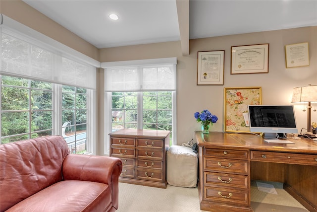 26 Rolling Dr, Brookville, NY 11545 - office space featuring plenty of natural light, light colored carpet, recessed lighting, and beam ceiling
