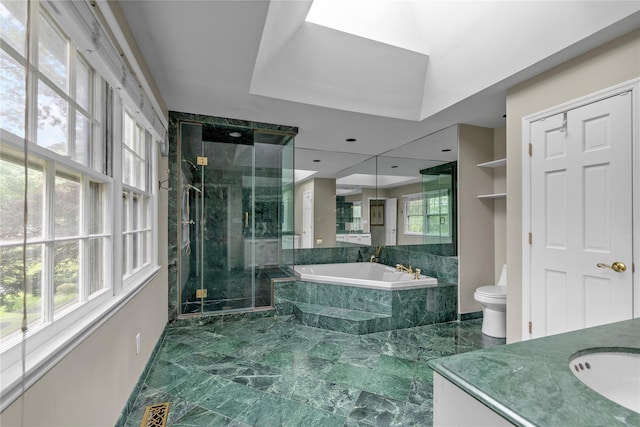 26 Rolling Dr, Brookville, NY 11545 - bathroom with a bath, vanity, a stall shower, and marble finish flooring
