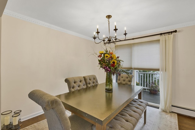 3309 Balsam St, Oceanside, NY 11572 - dining room with a chandelier, crown molding, wood finished floors, and a baseboard radiator