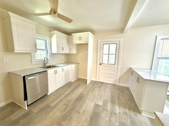 55 Red Mill Rd, Cortlandt Manor, NY 10567 - kitchen with stainless steel dishwasher, light wood-type flooring, a peninsula, ceiling fan, and white cabinets