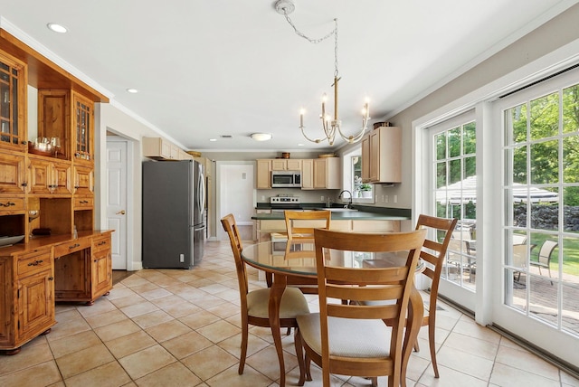 1 Alexis, Speonk, NY 11972 - dining space featuring crown molding, a chandelier, light tile patterned floors, and recessed lighting