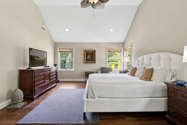 1 Alexis, Speonk, NY 11972 - bedroom featuring high vaulted ceiling, dark wood finished floors, ceiling fan, and recessed lighting