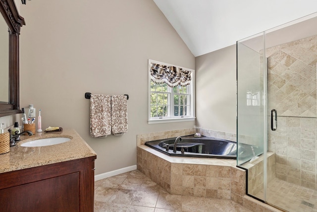 1 Alexis, Speonk, NY 11972 - full bathroom with vanity, a garden tub, a shower stall, high vaulted ceiling, and tile patterned floors