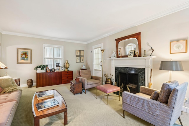 21 Orchard Dr, East Williston, NY 11596 - living room with carpet floors, ornamental molding, and a fireplace