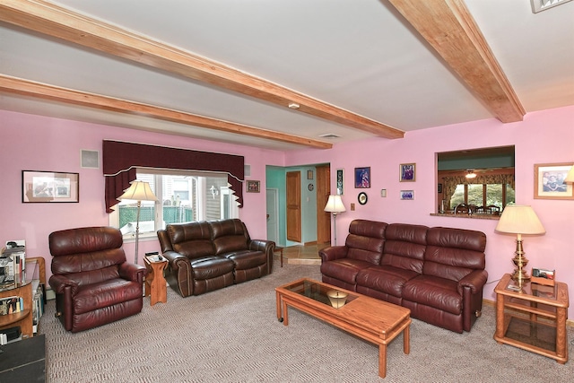 3665 Centerview Ave, Wantagh, NY 11793 - living area featuring carpet flooring, beamed ceiling, and healthy amount of natural light