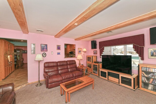 3665 Centerview Ave, Wantagh, NY 11793 - living room featuring carpet floors and beamed ceiling