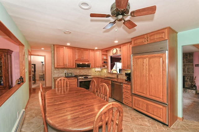 3665 Centerview Ave, Wantagh, NY 11793 - kitchen with stainless steel appliances, baseboard heating, a ceiling fan, open shelves, and backsplash