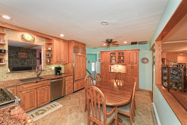 3665 Centerview Ave, Wantagh, NY 11793 - kitchen featuring dishwasher, paneled built in refrigerator, open shelves, ceiling fan, and backsplash