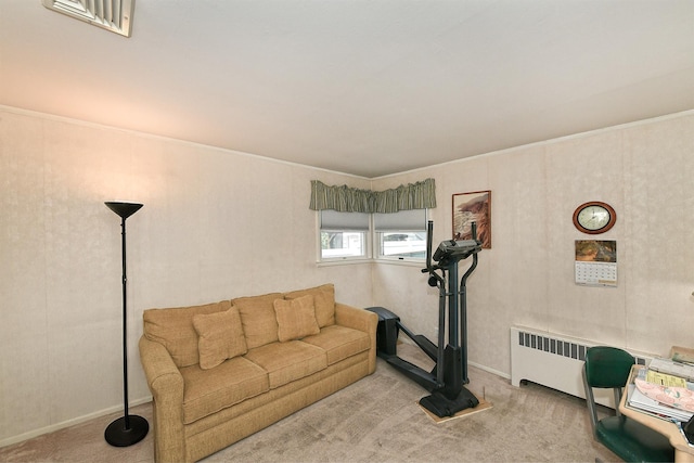 3665 Centerview Ave, Wantagh, NY 11793 - living area featuring carpet, radiator heating unit, and crown molding