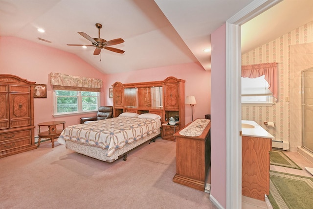 3665 Centerview Ave, Wantagh, NY 11793 - bedroom featuring lofted ceiling, a baseboard radiator, ensuite bath, ceiling fan, and recessed lighting