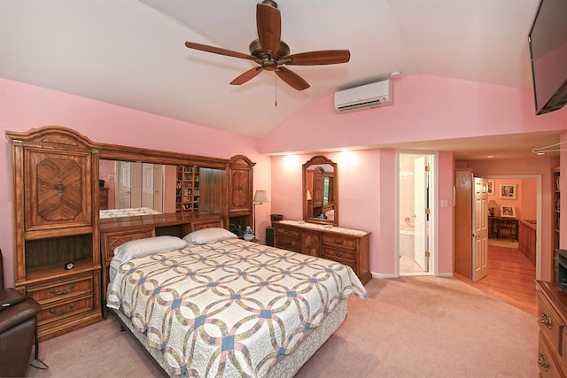 3665 Centerview Ave, Wantagh, NY 11793 - bedroom with a wall mounted air conditioner, lofted ceiling, light colored carpet, ensuite bathroom, and a ceiling fan