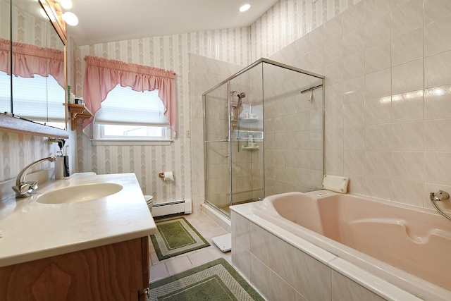 3665 Centerview Ave, Wantagh, NY 11793 - bathroom featuring wallpapered walls, a baseboard heating unit, vanity, a stall shower, and tiled bath