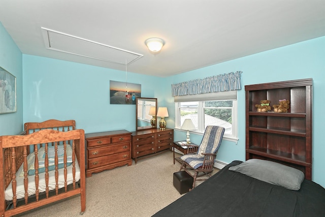 3665 Centerview Ave, Wantagh, NY 11793 - carpeted bedroom with attic access and a baseboard heating unit