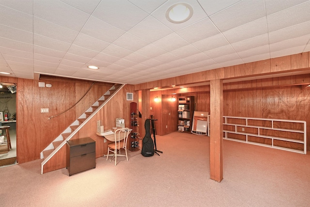 3665 Centerview Ave, Wantagh, NY 11793 - finished below grade area featuring wood walls, carpet floors, and stairs