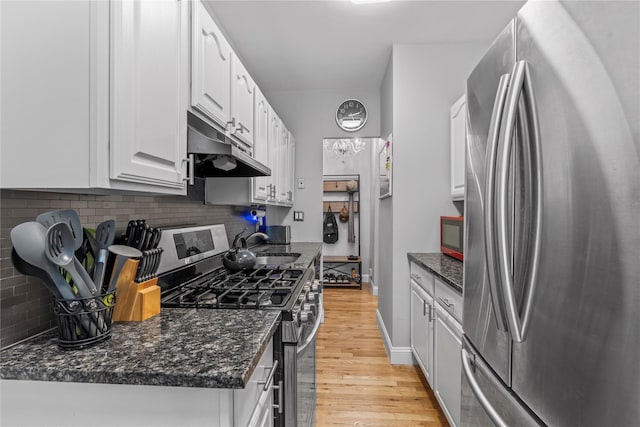 68 E Hartsdale Ave Unit 3K, Hartsdale, NY 10530 - kitchen featuring appliances with stainless steel finishes, under cabinet range hood, white cabinets, decorative backsplash, and light wood-type flooring