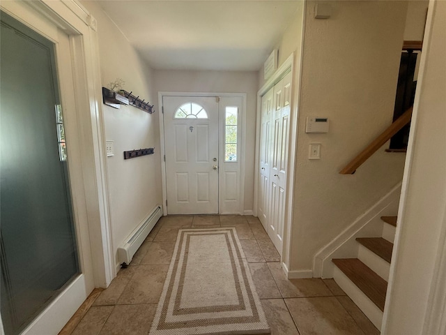 7 Walnut Ct, Goshen, NY 10924 - foyer with a baseboard heating unit, stairs, and light tile patterned floors