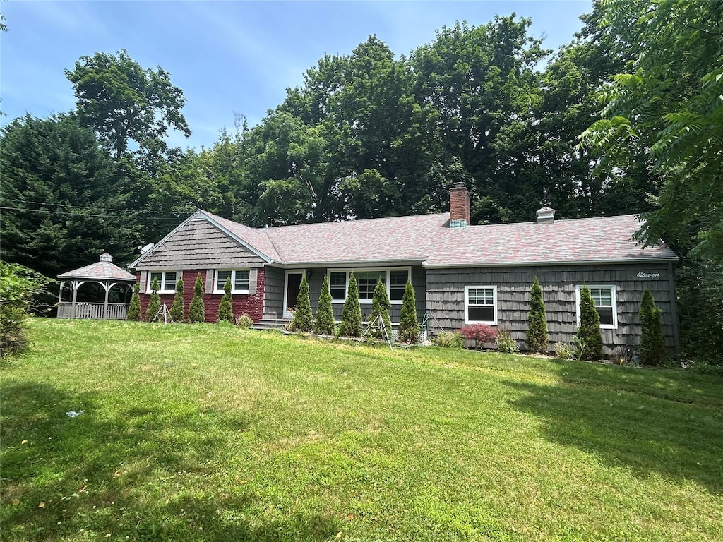 11 Quaker Path, Stony Brook, NY 11790 - ranch-style home featuring a gazebo, a chimney, and a front yard