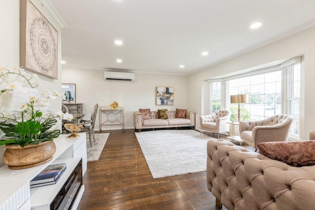 114 Birchwood Park Dr, Syosset, NY 11791 - living area featuring a wall mounted air conditioner, dark wood finished floors, recessed lighting, and crown molding