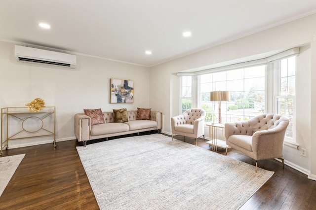 114 Birchwood Park Dr, Syosset, NY 11791 - living area featuring a wall mounted air conditioner, ornamental molding, dark wood-style floors, and recessed lighting