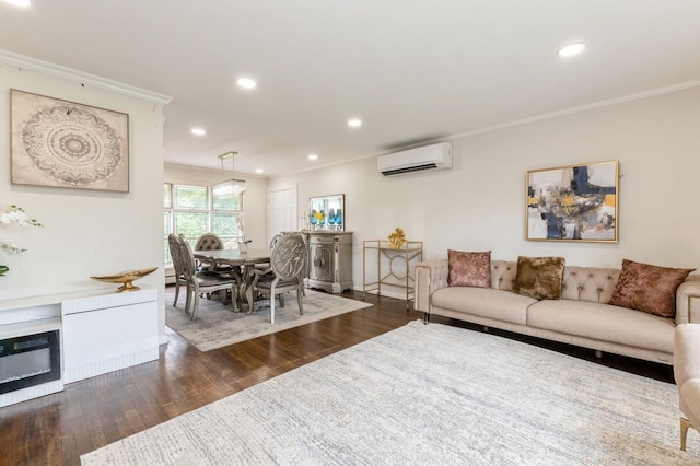 114 Birchwood Park Dr, Syosset, NY 11791 - living area with an AC wall unit, crown molding, wood finished floors, and recessed lighting