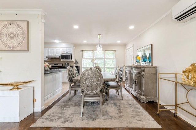 114 Birchwood Park Dr, Syosset, NY 11791 - dining area featuring a wall mounted air conditioner, dark wood finished floors, crown molding, and recessed lighting