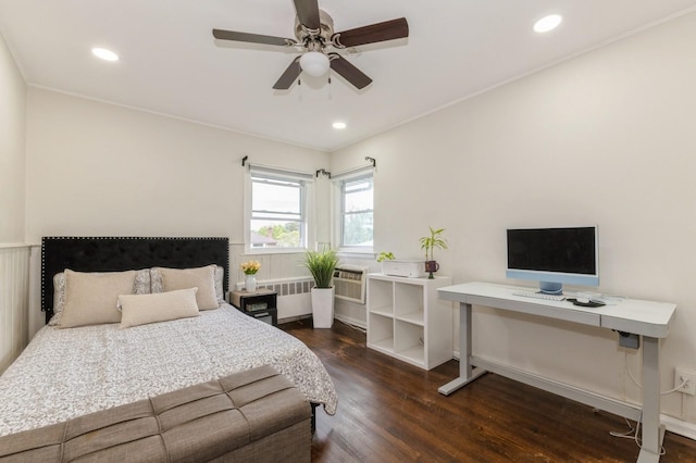 114 Birchwood Park Dr, Syosset, NY 11791 - bedroom with radiator, wood finished floors, recessed lighting, an office area, and a ceiling fan