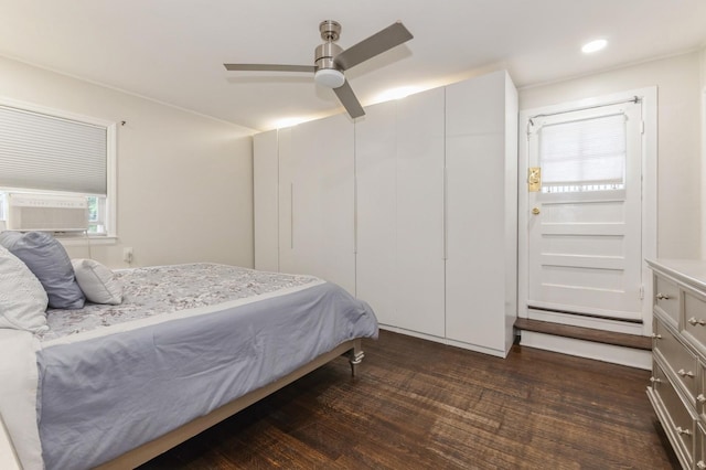 114 Birchwood Park Dr, Syosset, NY 11791 - bedroom with cooling unit, dark wood finished floors, a ceiling fan, and recessed lighting
