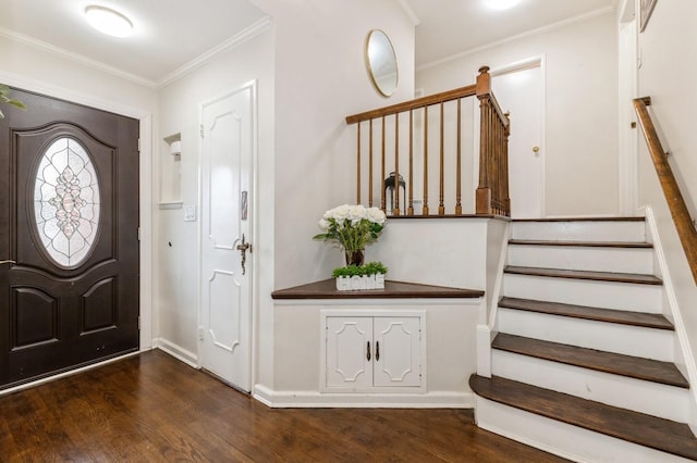 114 Birchwood Park Dr, Syosset, NY 11791 - foyer entrance with stairs, wood finished floors, and crown molding